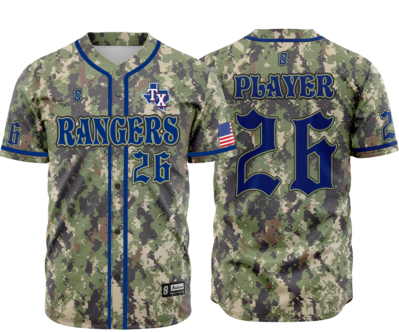 Baseball Uniform – Green Camo & Navy (BB-03) – custom teamwear by Shazbro