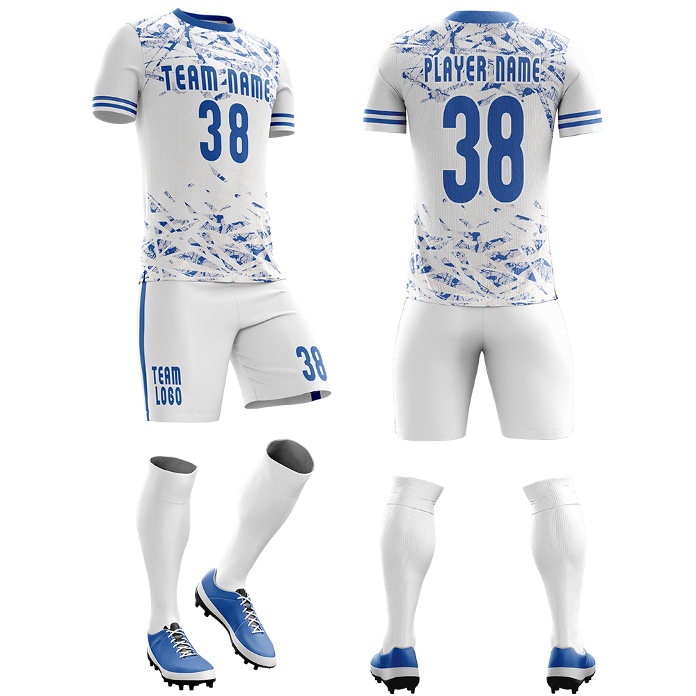 Soccer Uniform – White & Blue (SC-01) – custom teamwear by Shazbro