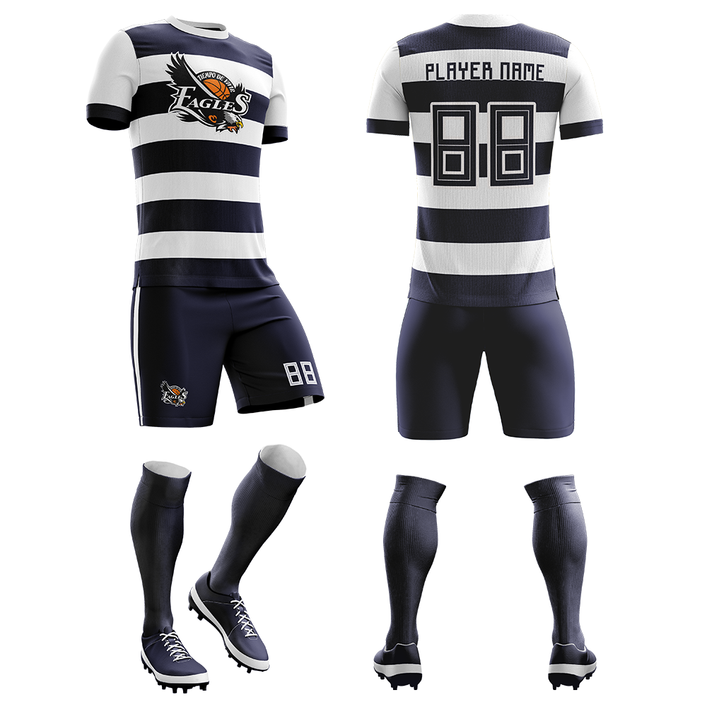 Soccer Uniform – Navy & White Hoops (SC-06) – custom teamwear by Shazbro
